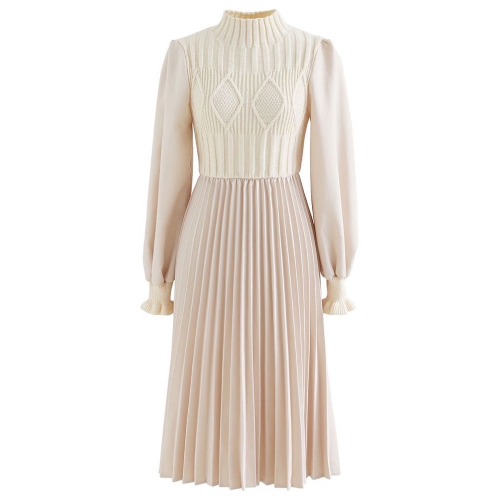 NWOT Chicwish Sweater Pleat Skirt Midi Dress in Cream S-M